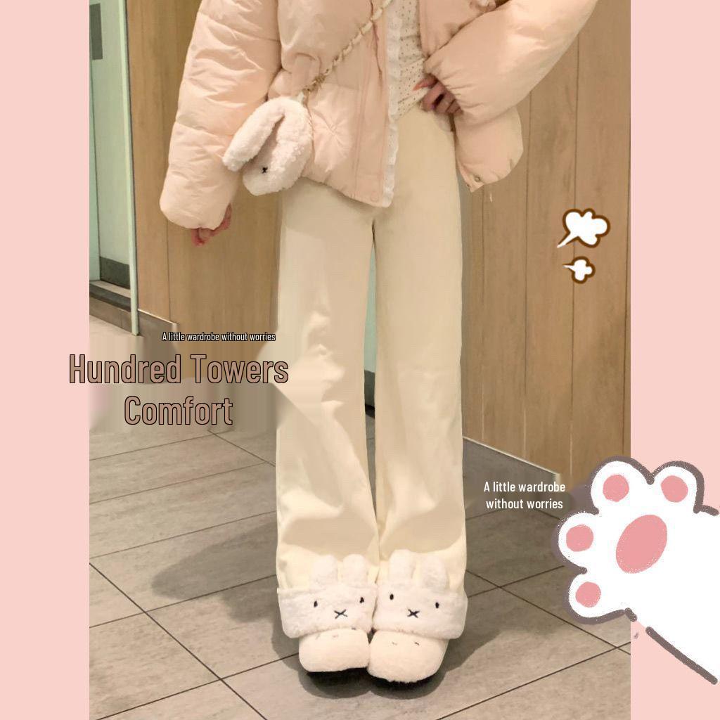 Japanese Cute Rabbit Velvet-Lined Women s Slimming Pants - Autumn/Winter Casual Loose Fit S