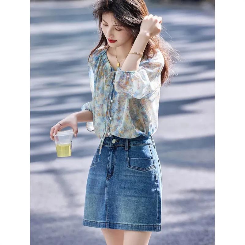 Women Floral Print Ruffle V Neck Tie Front Lantern Sleeve Chiffon Blouse S синий