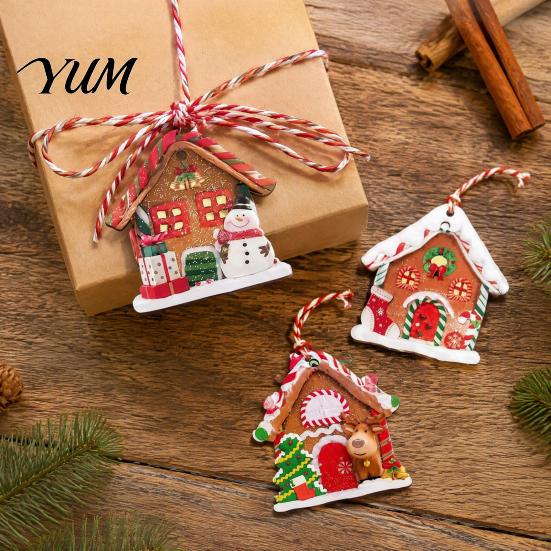 Christmas Fireplace Decorations 12Pcs Wooden Gingerbread House Ornaments for Tree Decorations, Rustic Hanging Xmas Decor with Festive Candy