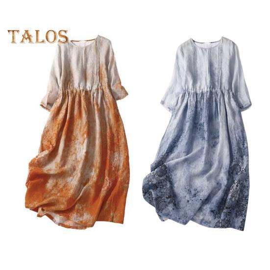 Sommerkjole for kvinner i plussstørrelse i lin, avslappet blomstermønstret rund hals 3/4 erme midikjole løs flytende strandkjole