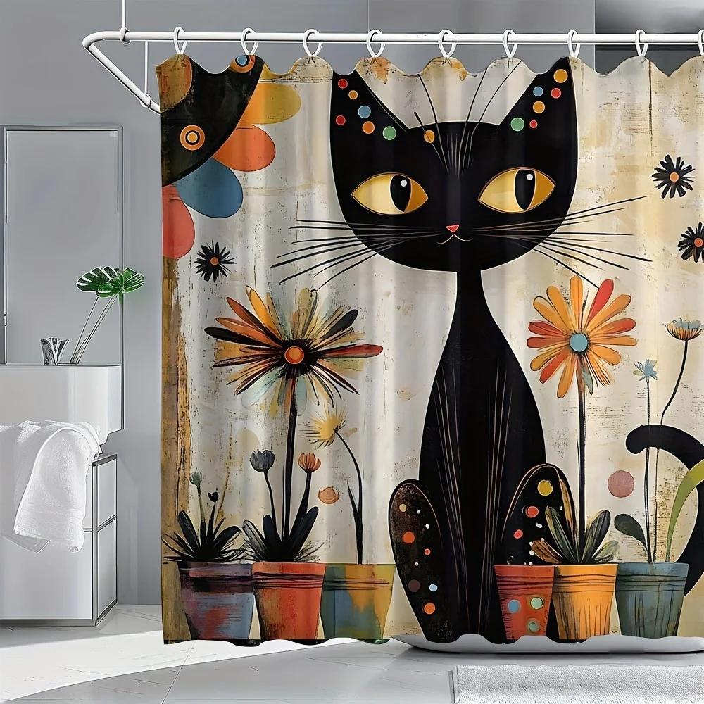 Elegant Black Cat with Colorful Dots Waterproof Shower Curtain – Perfect for Adding a Whimsical and Artistic Touch to