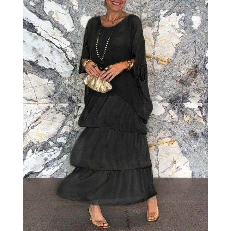 2024 European and American Fashion New Chiffon Mesh Batwing Sleeve Round Neck Long Dress European and American Style Light Luxury Black S