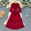 French Retro Lantern Sleeves Pleated Dress Women's Waist and Thin A-shaped Long Dress Lady Style Level Long Dress