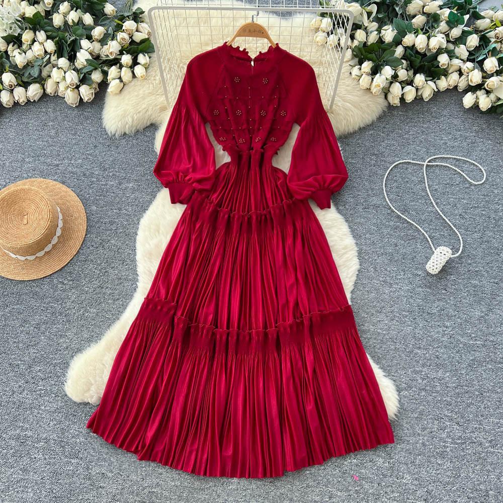 French Retro Lantern Sleeves Pleated Dress Women's Waist and Thin A-shaped Long Dress Lady Style Level Long Dress