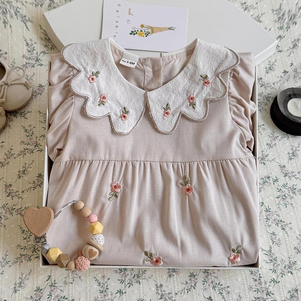 Floral Print Khaki Newborn Romper with Doll Collar - Summer Outdoor Jumpsuit