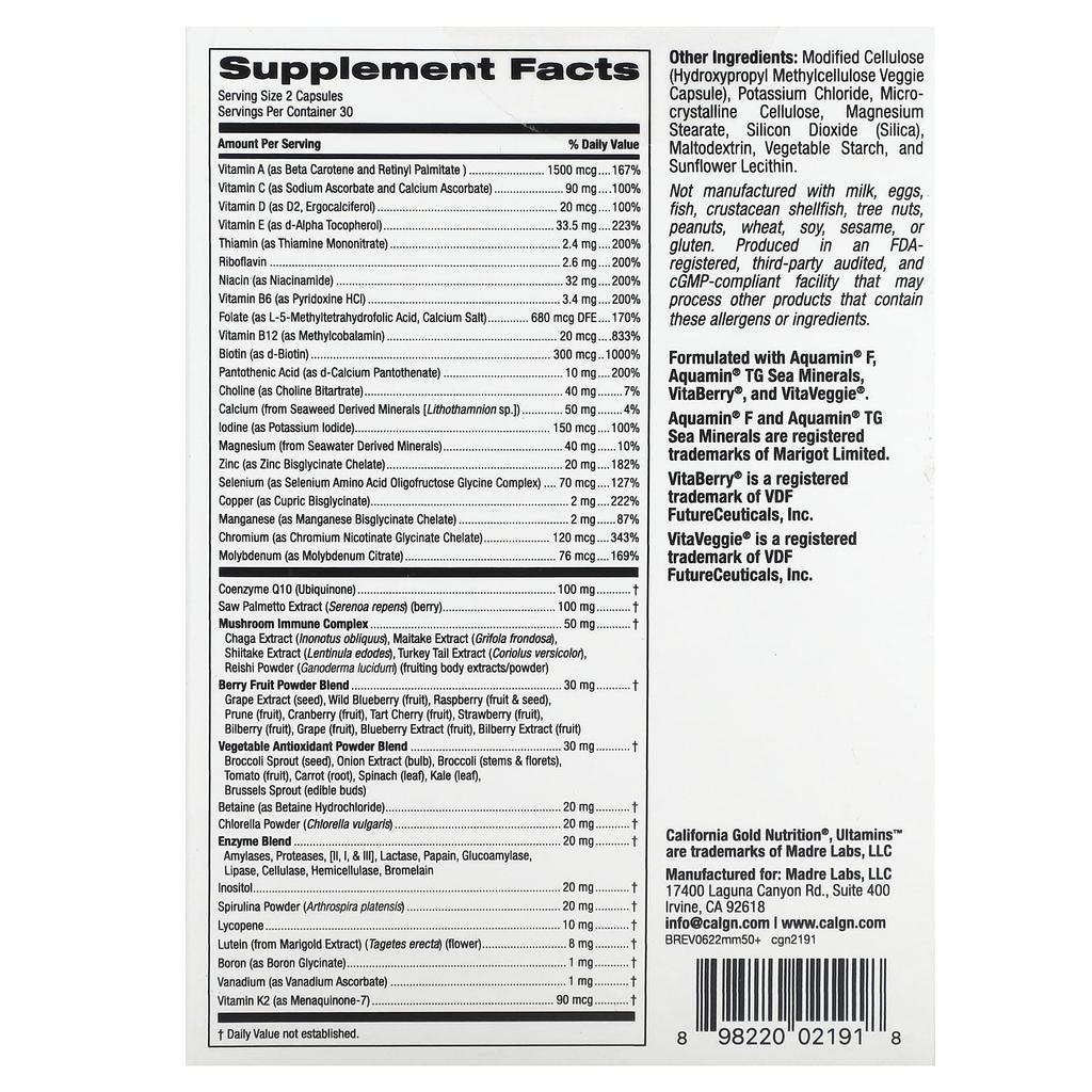 Ultamins Multivitamin for Men Over 50 with Coq10, Mushrooms, Enzymes, Vegetables and Berries, 60 Veggie Caps