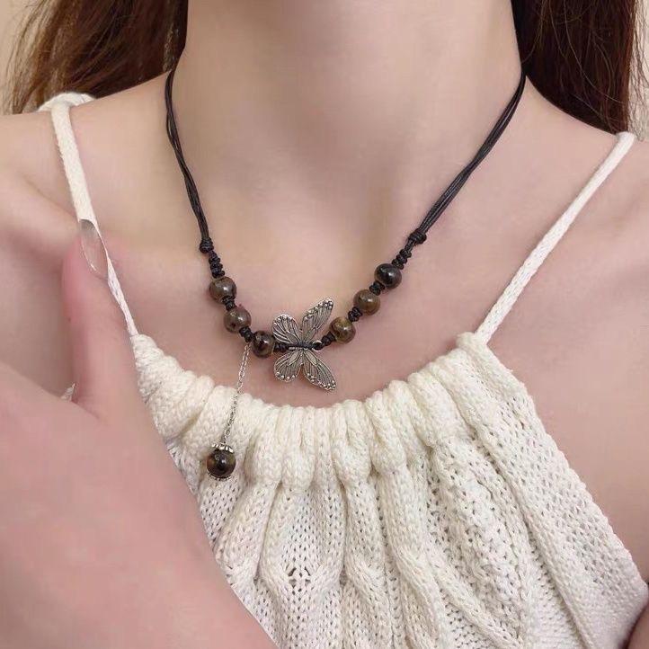 Butterfly Necklace Guochao Antique Clavicle Chain Drawstring Neck Chain Creative Ethnic Style Fashion Beaded Clavicle Chain