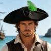 Classic Retro Tricorn Hat Wide Brim Pirate Headwear Pirate Feathers Hat  Halloween Party