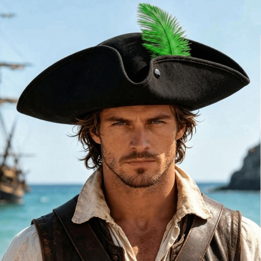 Classic Retro Tricorn Hat Wide Brim Pirate Headwear Pirate Feathers Hat Halloween Party