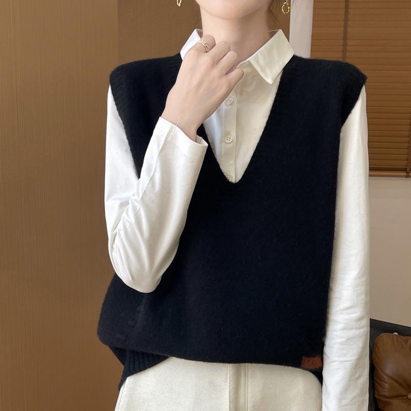 Pure Wool V-Neck Knit Vest - Versatile, Solid Color, Loose Fit, Sleeveless Pullover Cardigan