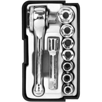 Socket Wrench with Stubby Ratchet for Bicycle and Motorcycle Maintenance E-Value 9-Piece Set, 6.35" (1/4") Drive, Handle, (ETS-209)