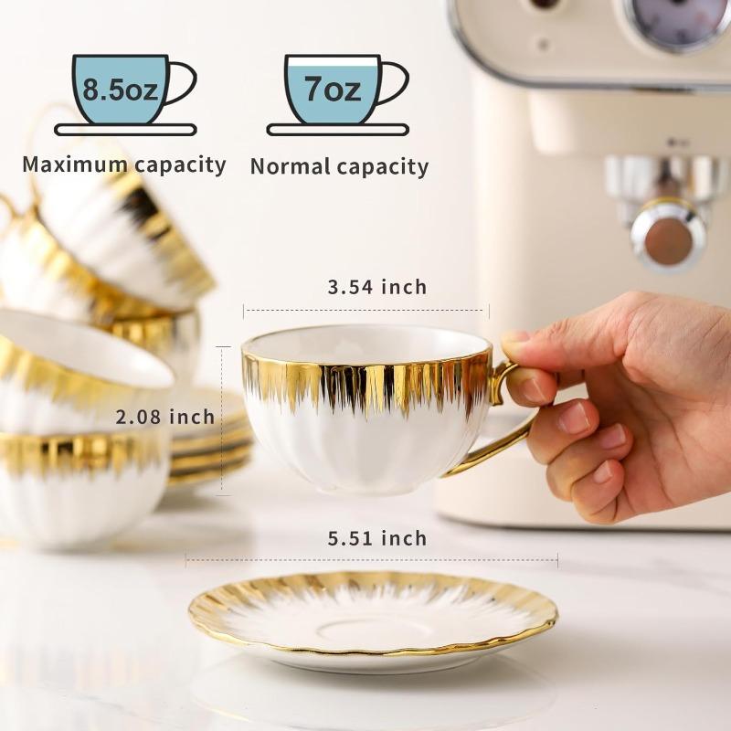 Cappuccino Cups with Saucers, 7 oz Porcelain Double Espresso Cups Set, Ceramic Turkish Coffee Cups with Gold Trim