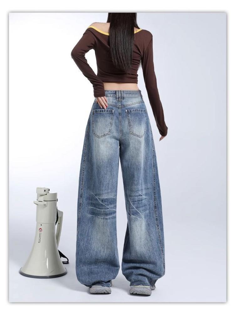 Comfortable High Street Trendy Vintage Washed Denim Trousers High-waisted Wide-legged Petite Casual Straight Trousers Jeans for Women Long Denim Pants