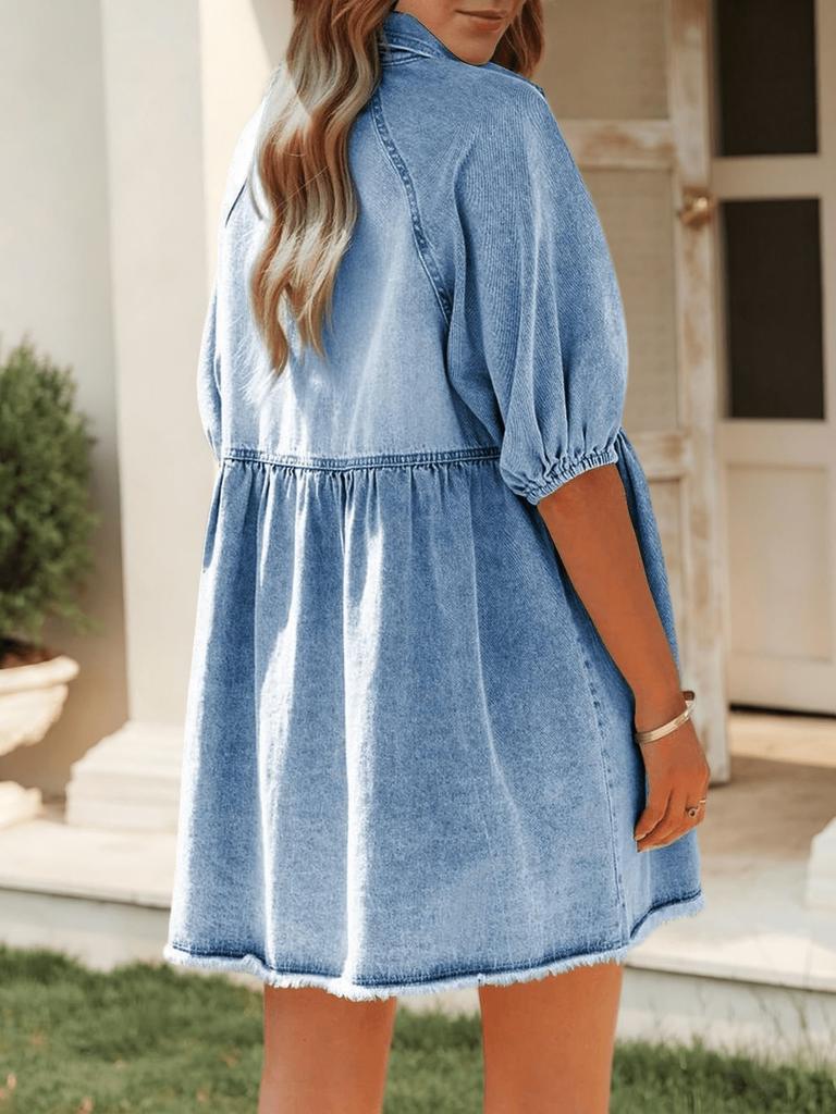 Womens Summer Denim Babydoll Dress Short Sleeve Button Down Jean Dress