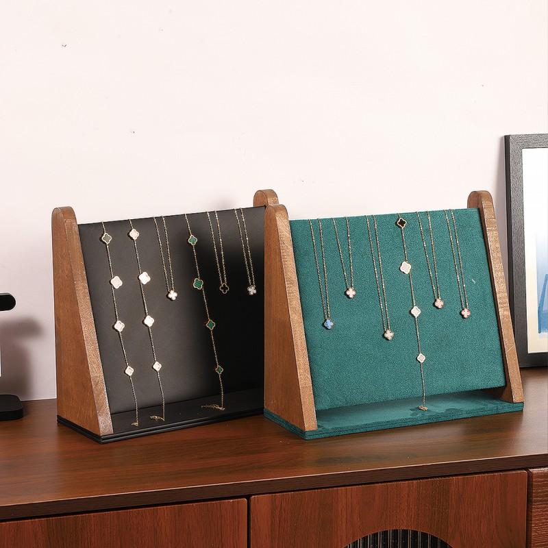 Wooden Slant Jewelry Display Stand Desktop Organizer Rings Necklaces Vintage Style