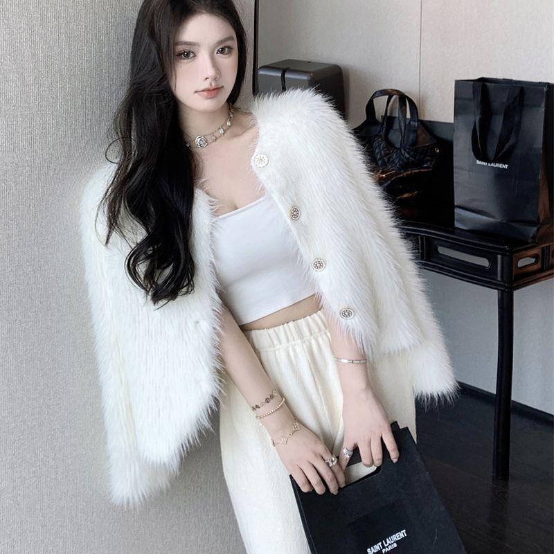 White Long Hair Mink Fleece Cardigan Women Spring and Autumn Celebrity Fashion Small Fragrant Style Foreign Short Cardigan Coat