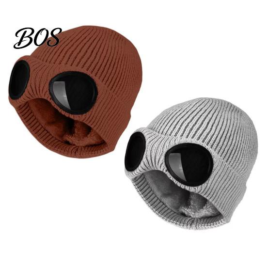 Snow Proof Outdoor Cycling Hat 2Pcs Fleece Lined Hats with Goggles, Warm Winter Knit Stretchy Brimless Eye Protection Hats, Windproof Skiing Caps for