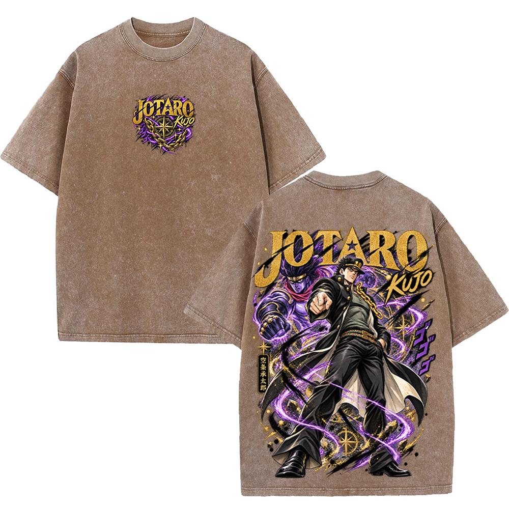 JoJo's Bizarre Adventure Jotaro Kujo Anime T-shirt Men Clothing Vintage Washed Oversized T Shirt Short Sleeve Cotton Tees Tops