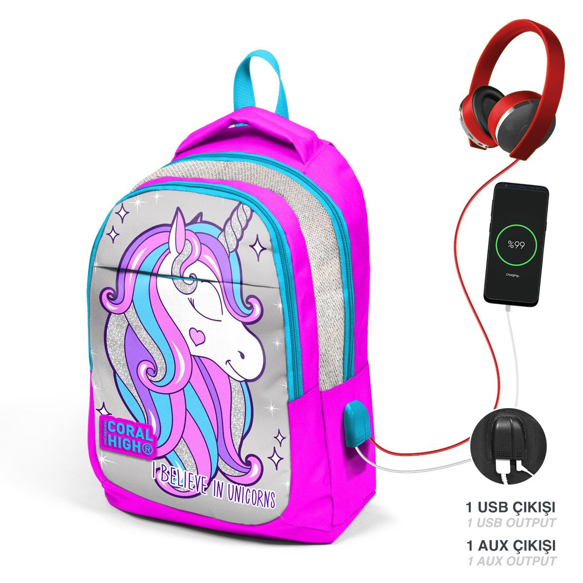 

Коралловый детский школьный рюкзак с тремя отделениями USB, розовый, серебряный, блестящий, с единорогом, 23412