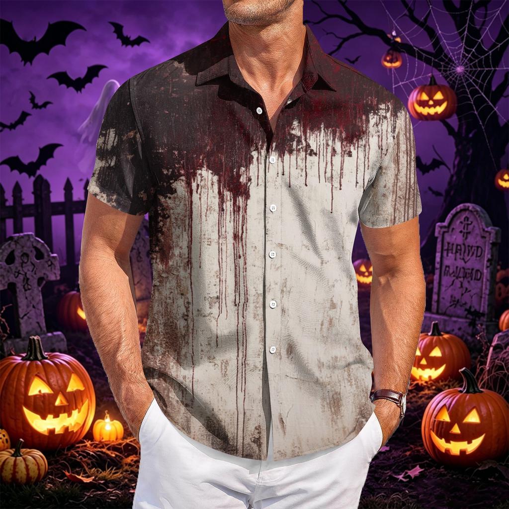 Men's Casual Short Sleeve Button Down Shirt Halloween Pumpkin Print Lightweight Breathable Fabric Summer Shirt