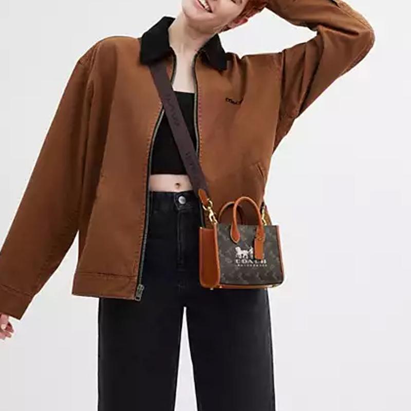 Coach Ace 17 Carriage Pattern Print Faux Leather And Cowhide Tote Bag Shopping Bag Shoulder Crossbody Handbag Small Women Tote Truffle CT890-B4TXN
