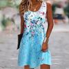Robe d'été sans manches à imprimé floral, robe de mode à col rond, ample, décontractée, simple, florale, élégante, trapèze, courte, pour soirée, vêtements de femme douce