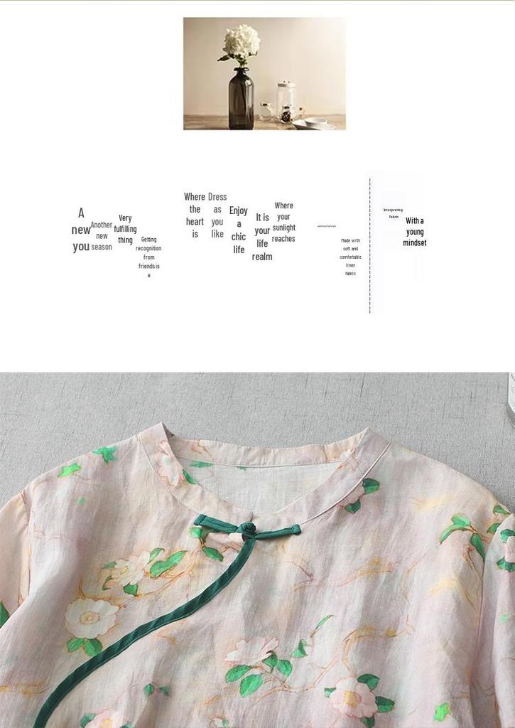 2026 New Style Floral Cotton Linen Cheongsam Dress - Plus Size Slimming & Tummy Concealing Long Skirt