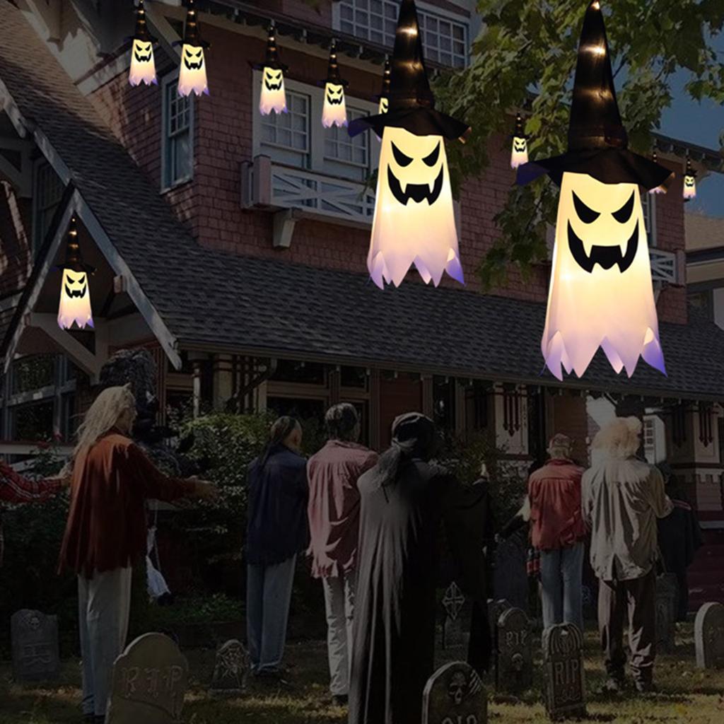 1PC Halloween Witch Hat Hanging Light Ghost Wizard Hat Shaped LED Ghost Lamp Battery Powered Hanging Flashing Witch