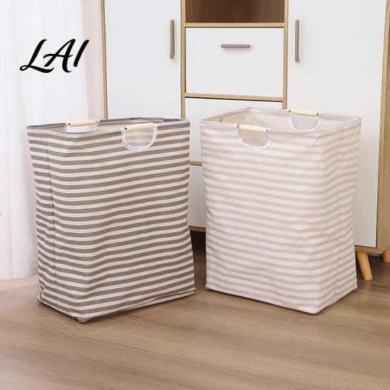Cotton And Linen Laundry Organizer Basket with Wooden Handles Large Space Saving Bag Basket Storage Foldable for Families Collapsible Hamper