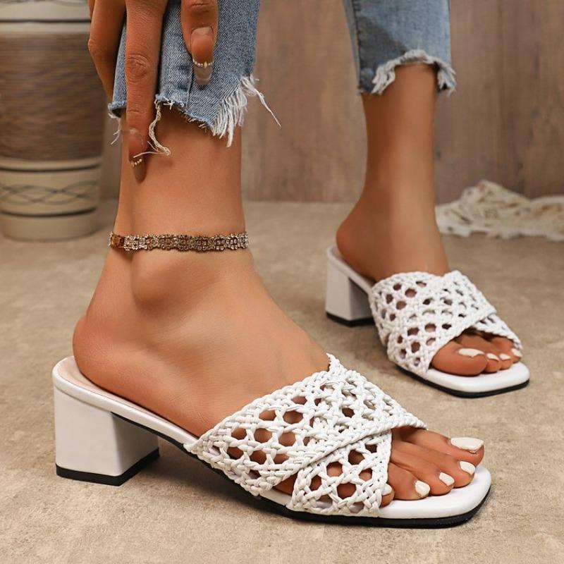 Fashion 2025 Summer Plus Size High Chunky Heels Modern Sandals Hollow Weave Dressy Outdoor Hot Sale Women's Classics Fashion Slippers