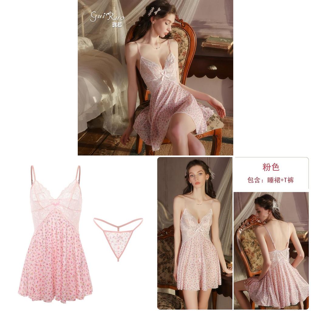 Lightweight Polyester Sleep Dress With Vneck And Sheer Mesh For Women
