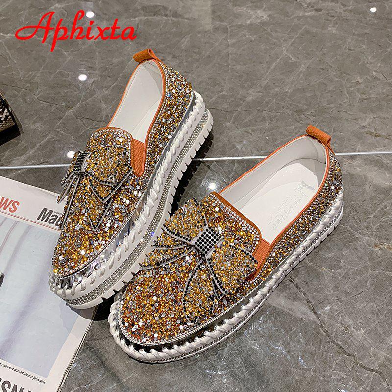 Fashion Aphixta Fashion Big Size 42 43 Flats Women Leather Loafers Flat Platform Wine Red Shoes Crystal Sequined Bow Casual Shoes