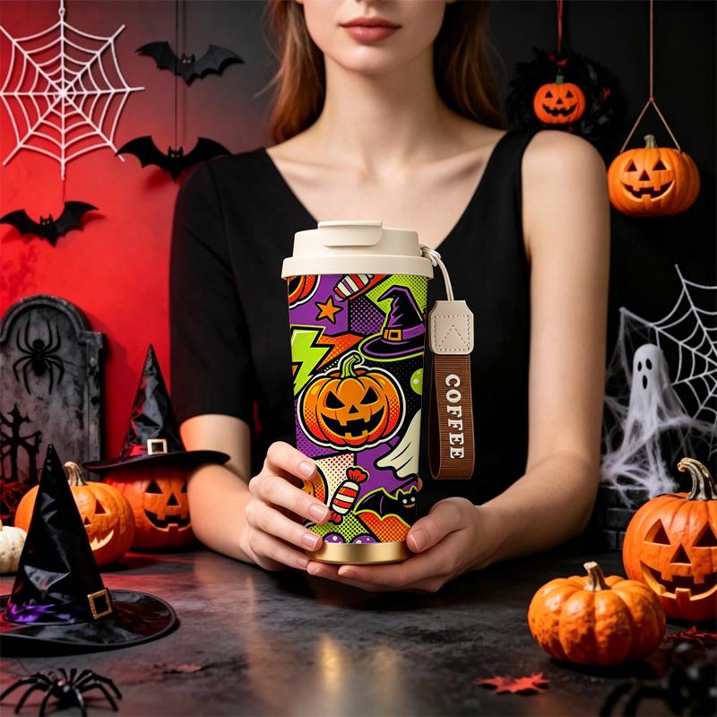 Halloween Coffee Cup 532ml Pop Art Pumpkin Ghost Hat Candy MotifHalloween Limited Cup Commuter Coffee Cup Flip Lid Coffee Cup Coffee Cup 532ml