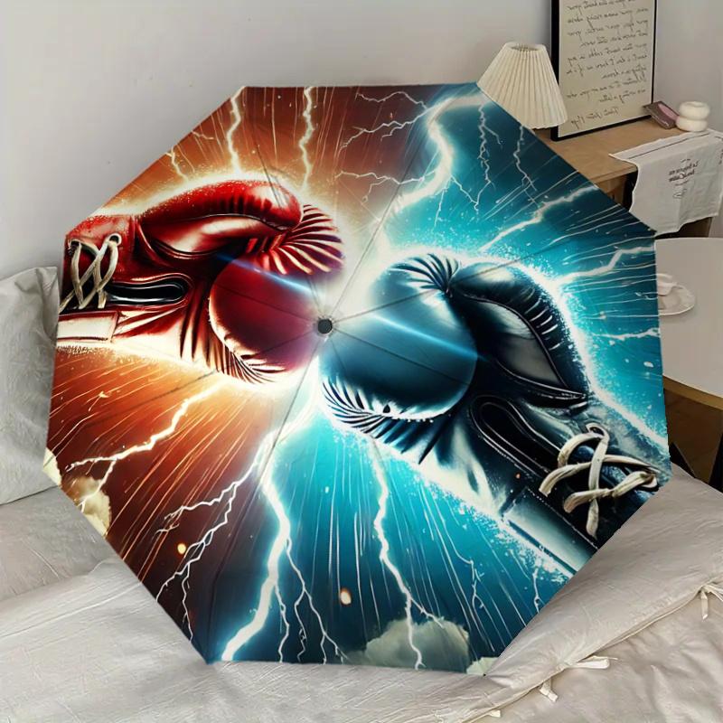 Boxing Gloves Lightning Bolt Design Automatic Opening Folding Umbrella - Portable 3-Fold Design with Iron Frame, Perfect for Fans, Travelers