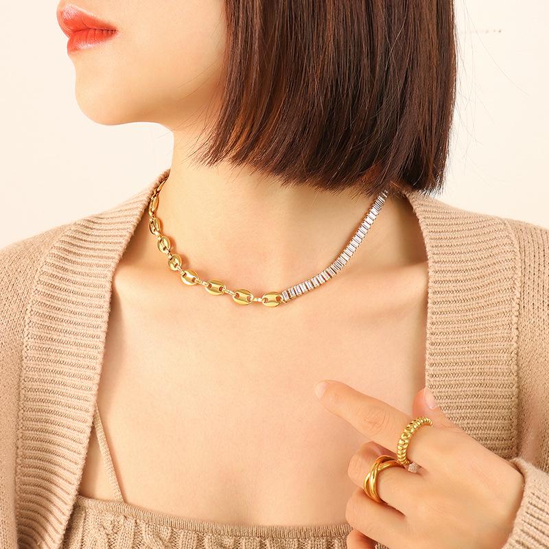 Geometric Zircon Pig Nose Spliced Bracelet & Necklace Set - European/American Nude Chain, Non-Fading P196-E009