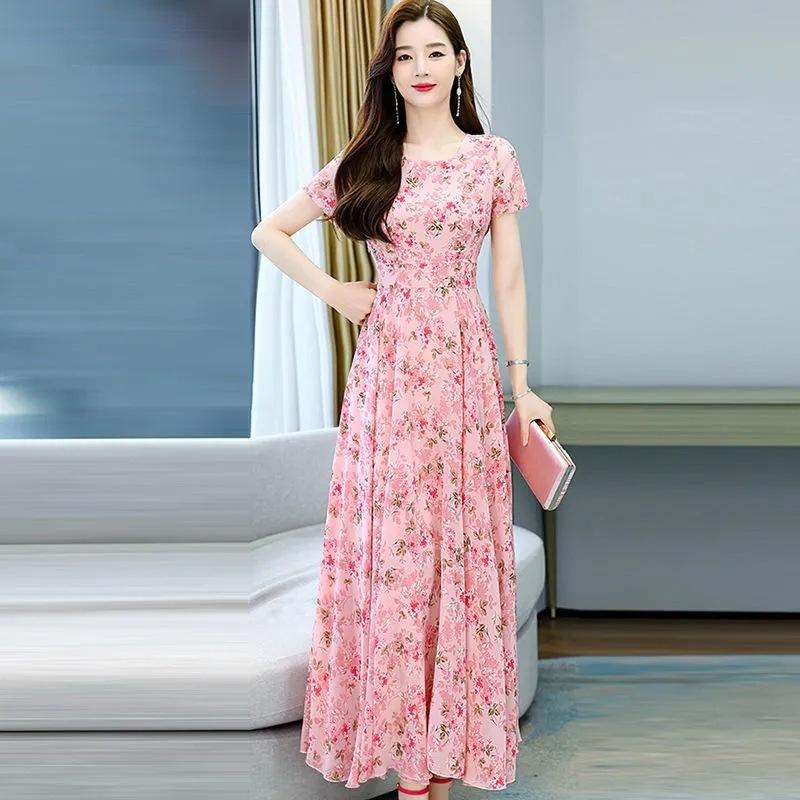 

Fashionable Round Neck Short Sleeves Dress Women s Summer 2025 New Elegant Waist-Fitted Slimming Beach Long Dress Trendy 4XL розовый
