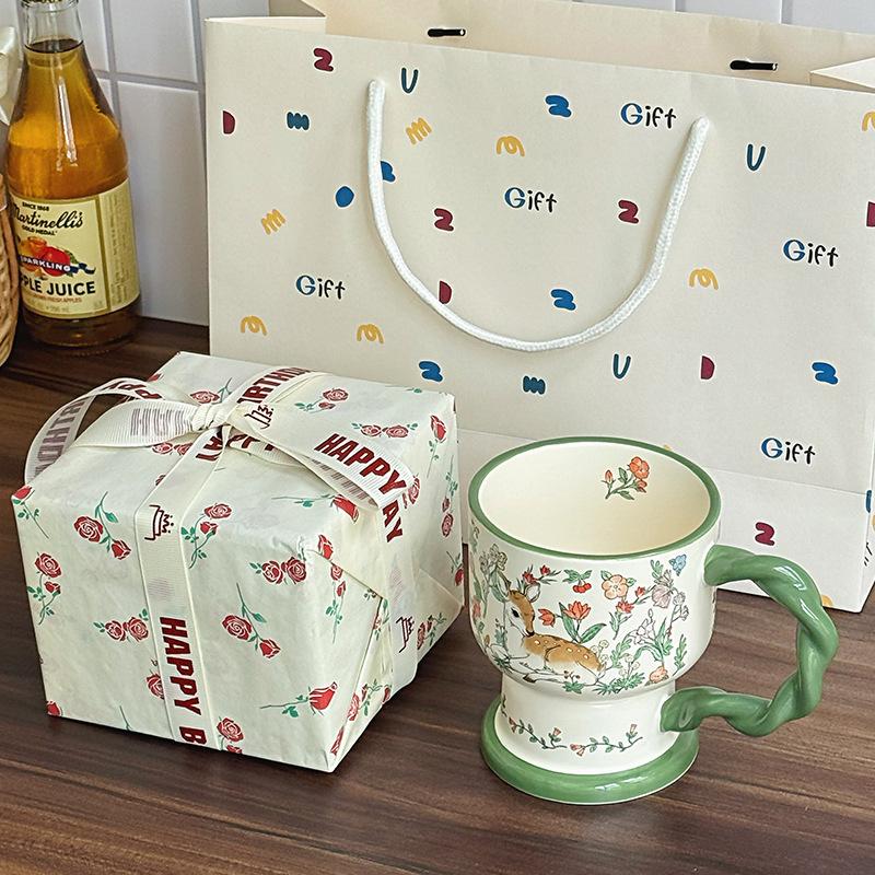 High-value Retro Oil Painting-like Ceramic Mug, High-end Coffee Cup, Girls' Birthday Gift, Practical Souvenir