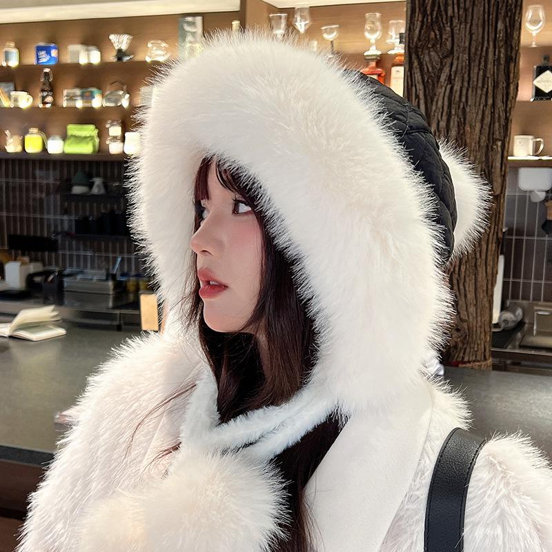 Korean Style Warm Lei Feng Hat for Women In Autumn and Winter Fur Ball Ears Plush Hat Plus Velvet Thickening Cycling Ear Protection Hat
