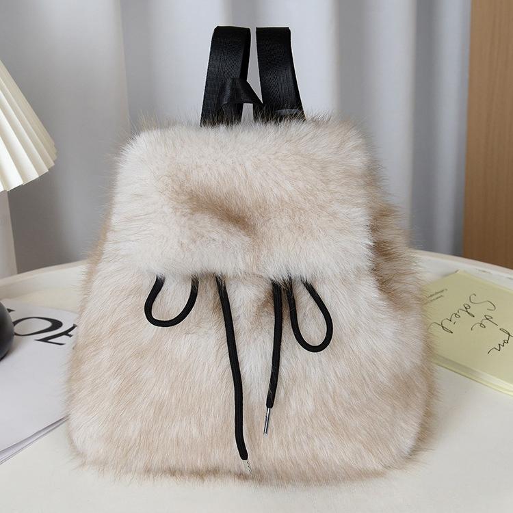 Mochila de Pelúcia Y2k Feminina Pequena Fofa com Cordão Leopardo Fofa Bolsa Macia Liso Lã Mochila de Lã Quente de Inverno Mini Mochila de Pele Sintética