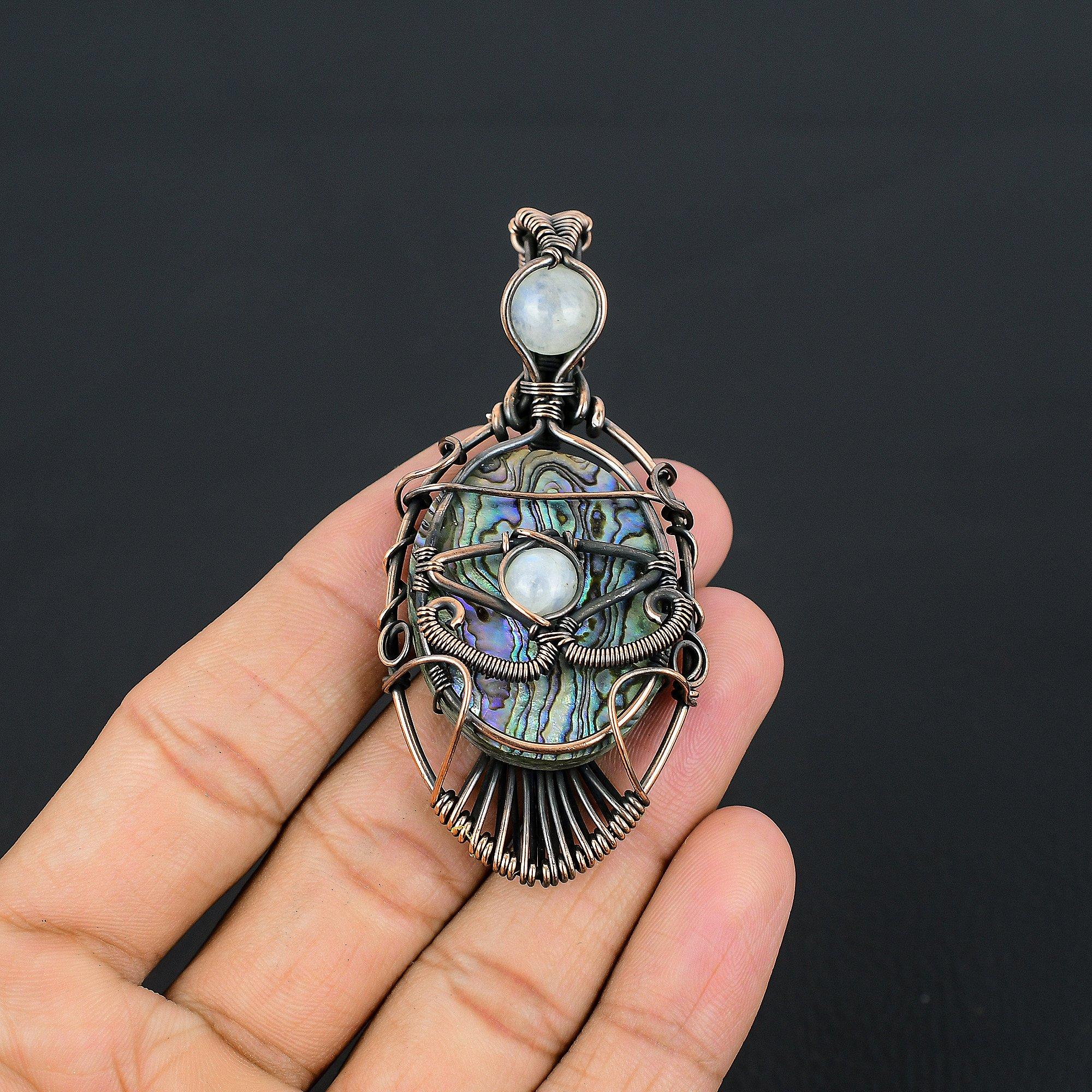 

Кулон из раковины абалона, обернутый медной проволокой 999 пробы, Ювелирные изделия с подвеской из драгоценного камня ручной работы, Подарки для жены, Совершенно новый кулон 2.55 Inches