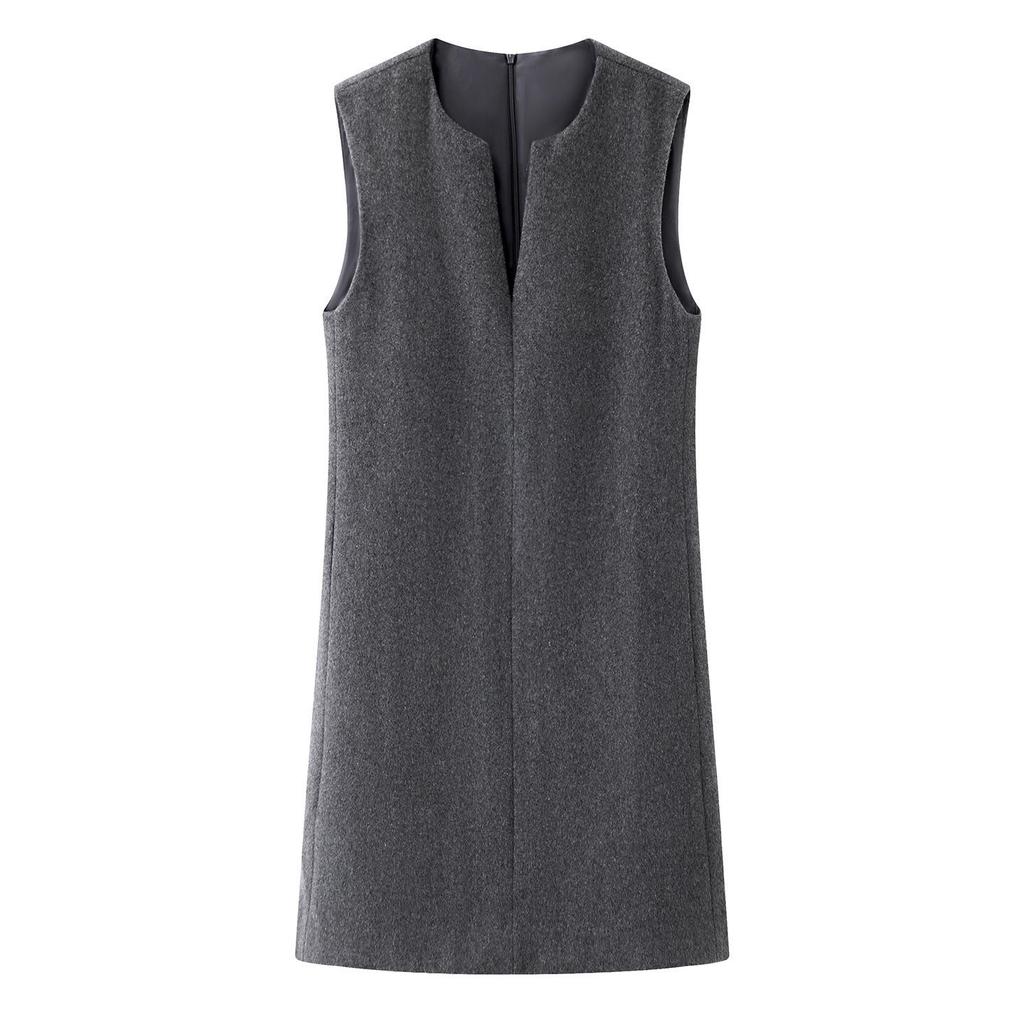 Winter 2025 Grey High-End Wool Sleeveless V-Neck Vest Dress for Important Occasions
