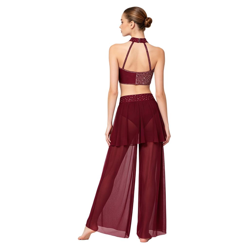 Dámský outfit pro lyrický tanec Crop top s kamínky a zavazováním za krk s průhlednými širokými kalhotami se sukněmi a všitými kalhotkami pro moderní tanec a jevištní vystoupení