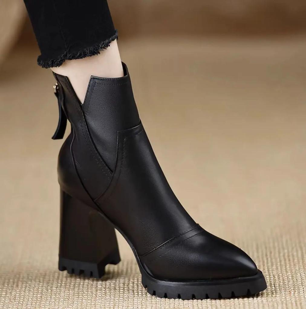 Módní dámské kotníkové boty na vysokém podpatku Módní špičatá špička Zip Britský retro Protiskluzové dámské krátké boty Botas Mujer