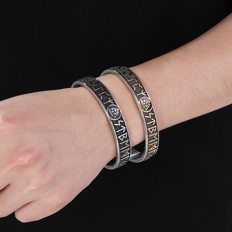 Vintage Viking Rune Texture Bracelet Nordic Mythical Triangle Personalized Men's Stainless Steel C-shaped Handpiece