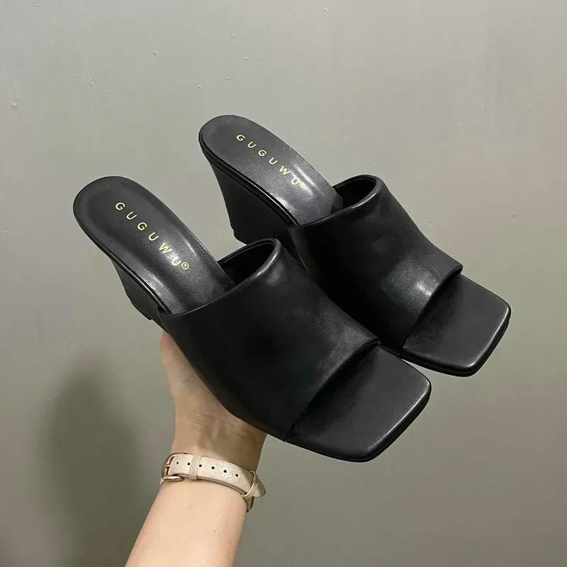 

Модные ретро-тапочки на танкетке, женская летняя одежда, квадратный носок, открытый носок, толстая подошва, сексуальные шлепанцы на высоком каблуке 35 чёрный