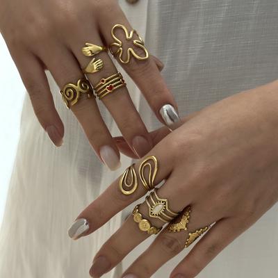 Stainless Steel Vintage Geometric Sunburst Ring For Women Red Love Heart Spiral Flower Finger Rings Party Aesthetic Jewelry Gift