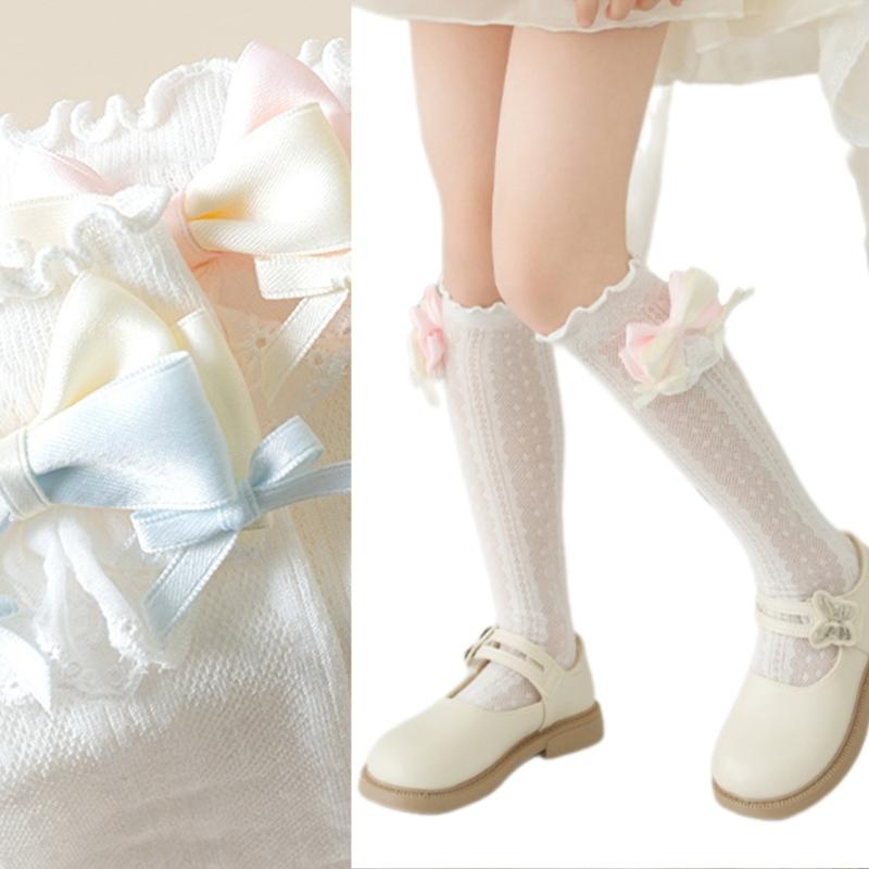 Stylish Knee Length Socks for Girls 3-12 Years Bowknot Trimmed Long Tube Socks Party Daily Wear Accessories