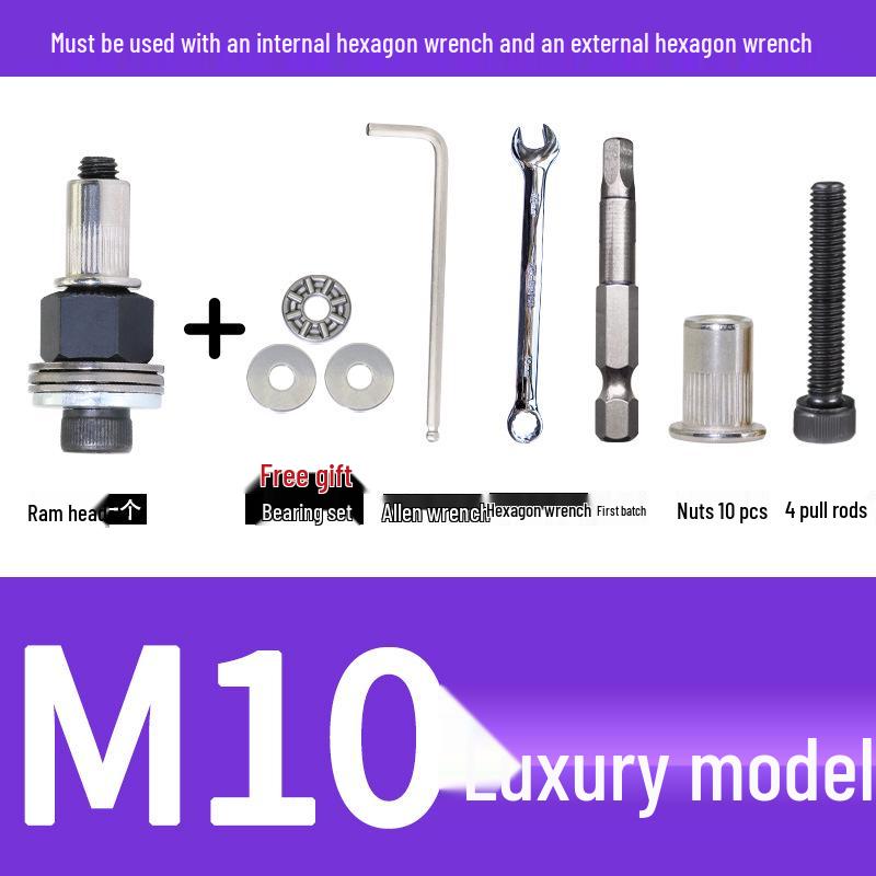 Multi-Purpose Electric Rivet Tool with Manual Wrench and Nut Head Attachment