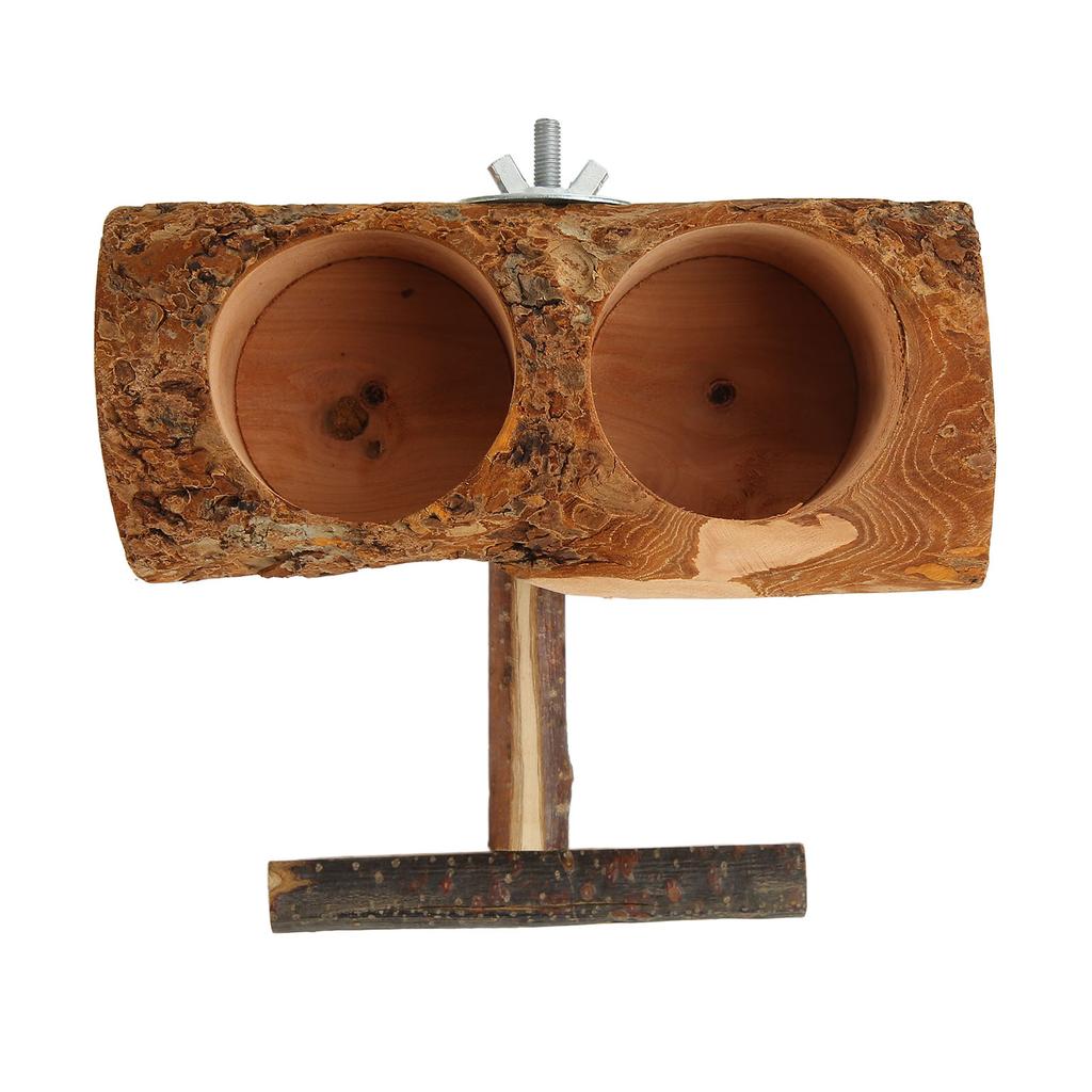 Wooden Parrot Cage Feeder Cups Natural Double Bowl Bird Feeding Watering Dish Cups with Stick