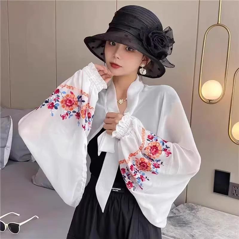 2025 Summer Fashion Embroidered Ice Silk Chiffon Long Sleeve Sun Protection Shawl for Driving and Air-Conditioned Rooms